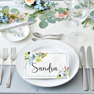 Blank Blue watercolor floral wedding   Place Card
