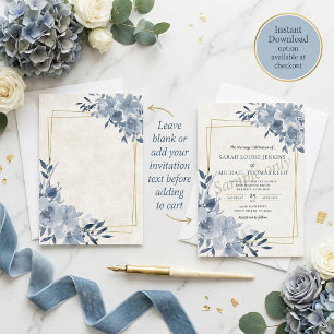 Blank budget Blue  floral and gold frame wedding  Invitation