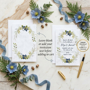 Blank Budget Blue floral frame wedding Invitation