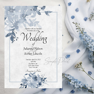 Blank budget Blue watercolor floral wedding Invitation