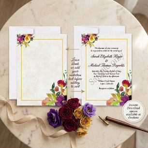 Blank budget Burgundy and yellow floral wedding Invitation