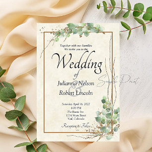 Blank budget Eucalyptus and gold wedding Invitati Invitation