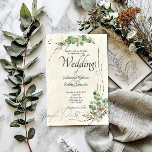 Blank budget Eucalyptus and gold wedding Invitation