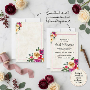 Blank budget lemon and magenta floral wedding invi invitation