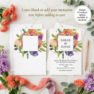 Blank budget Orange and purple floral wedding Invitation