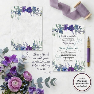 Blank budget Purple and blue floral wedding Invitation
