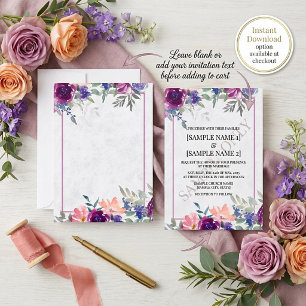 Blank budget Purple and orange floral wedding Inv Invitation
