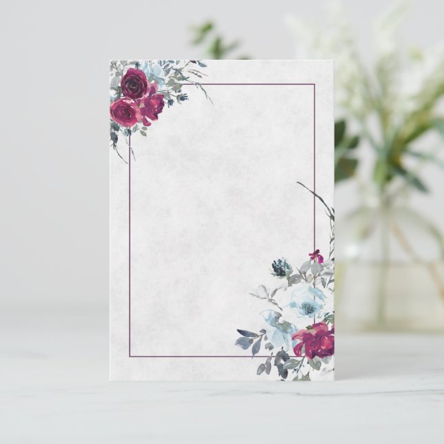 Blank Burgundy and blue watercolor floral wedding  Invitation (Standing Front)
