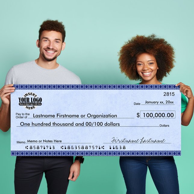 Blank Check for Sweepstakes & Awards BLUE ART DECO Poster (Oversized Check Poster for Charity and Sweepstakes Winners - Add your logo on this paper poster)