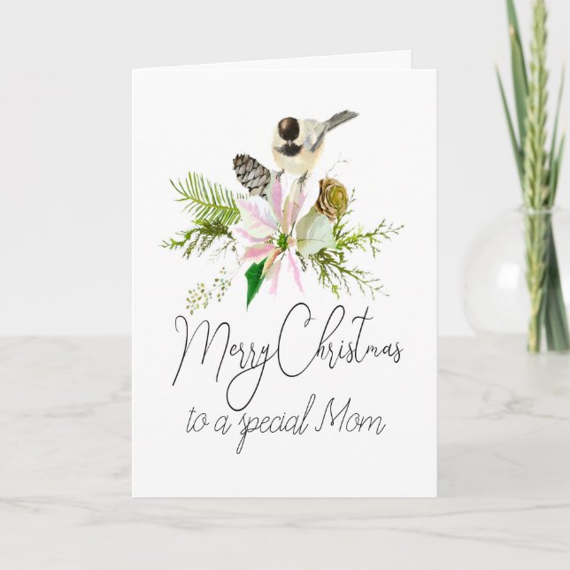 Blank Christmas Chickadee Bird Pointsettia Mom Card (Front)