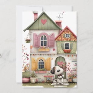 Blank Flat Card Cozy Cottage and Puppy