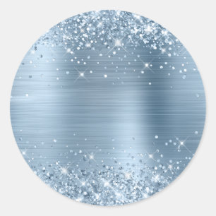 Blank Glittery Light Blue Metallic Foil Classic Round Sticker