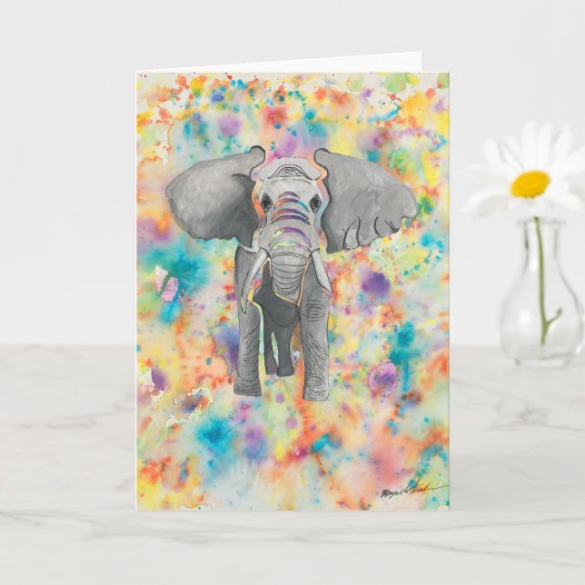 Blank Greeting Card Vibrant Elephant Original Art (Small Plant)