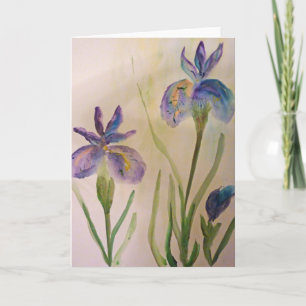 Blank greeting card watercolor of 2 purple irises