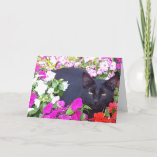 Blank Greeting Card with Cat in Flowers