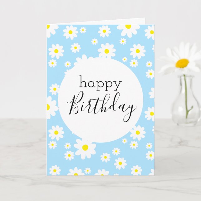 Blank Happy Birthday Daisy Flower Pattern Blue Card (Small Plant)
