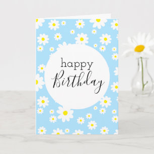 Blank Happy Birthday Daisy Flower Pattern Blue Card