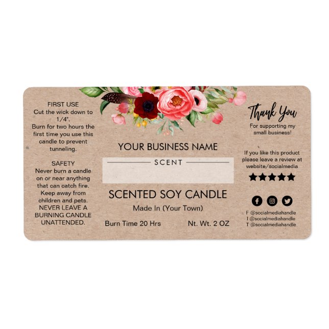 Blank Kraft Soy Candle Labels With Flowers (Front)