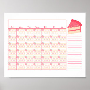 Blank Monthly Calendar Strawberry Cake Theme Magne Poster