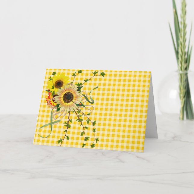 blank note card sunflower bouquet on gingham (Front)