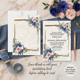 Blank Pink and blue floral with gold frame Invitation
