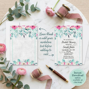 Blank Pink spring watercolor floral wedding Invit Invitation