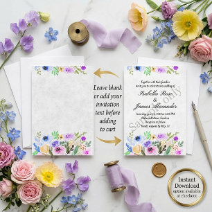 Blank Purple and blue watercolor floral wedding  Invitation