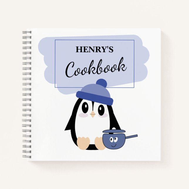 Blank Recipe Book to Write In (Cute Blue Penguin) (Front)