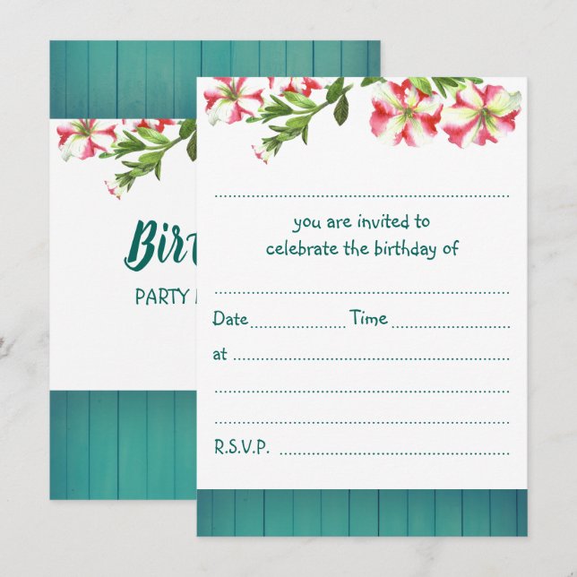 Blank Rustic Watercolor Trailing Petunias Birthday Invitation (Front/Back)