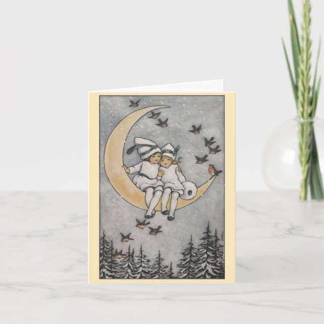 Blank Vintage Wintry Elves on the Moon Card (Front)