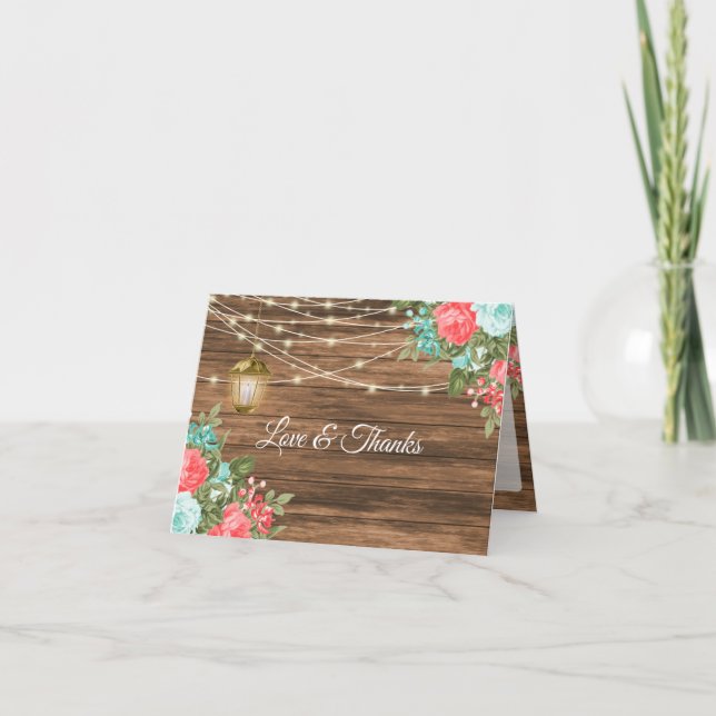 Blank - Wood, Lantern and Teal, Coral Floral  Thank You Card (Front)