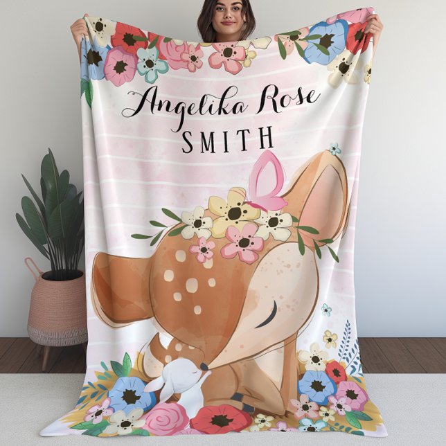 Blanket for Girls with Fawn Deer Flowers Stripes (Blanket for Girls with Fawn Deer Flowers Stripes (L))
