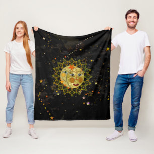 Blanket, Sun, Moon and Stars on Black Fleece Blanket