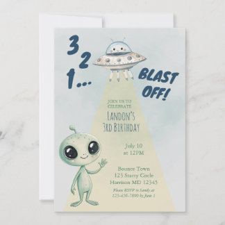 Blast Off Alien Boys Third Birthday Invitation