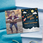 Blast Off | Birthday Party Photo Invitation<br><div class="desc">Cool space themed birthday party invitations feature a rocket ship, stars, planets and clouds against a night sky background, with "3, 2, 1... blast off" in bright comic book style lettering. Personalize with your birthday party details beneath, and add a favourite photo of the birthday boy for a cool personal...</div>