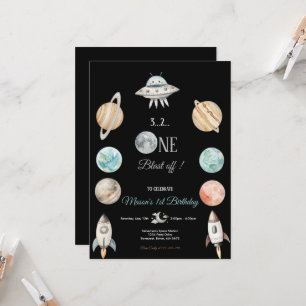 BLAST OFF BLACK SPACE AND PLANETS BIRTHDAY PARTY  INVITATION