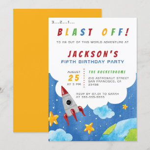 Blast Off! Boys Outer Space Theme Birthday Party Invitation