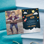 Blast Off | Flat Thank You Photo Card<br><div class="desc">Cute flat thank you cards for your little space explorer's birthday feature a rocket ship,  stars,  planets and clouds against a night sky background,  with "thank you" and your personal message and signature. Personalize with a favourite photo of the birthday boy for a cool personal touch.</div>