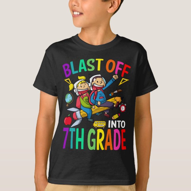 Blast Off Into 7th Grade Rocket Back To School  T-Shirt (Front)