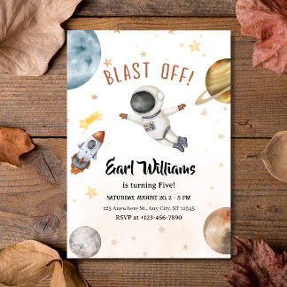 "Blast Off!" Outer Space Astronaut 5th Birthday Invitation