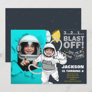 Blast Off Outer Space Astronaut Photo Birthday Invitation