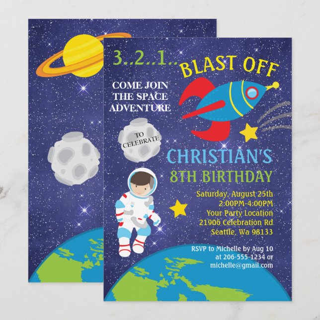 Blast Off Outer Space Birthday Invitation (Front/Back)