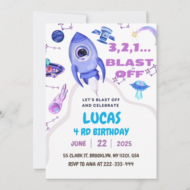 Blast Off Outer Space Birthday Party Invitation (Front)