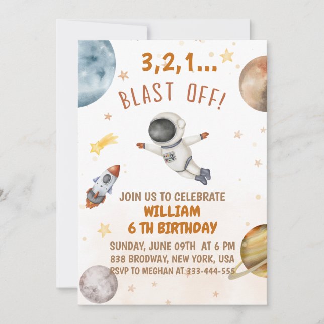 Blast Off Outer Space Birthday Party Invitation (Front)