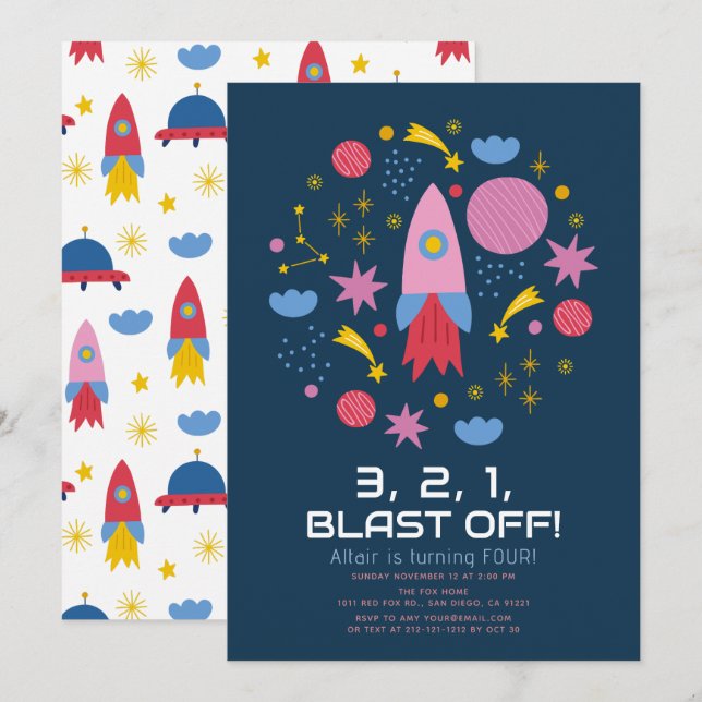 Blast Off! Outer Space Rocket Boy Birthday Invitation (Front/Back)