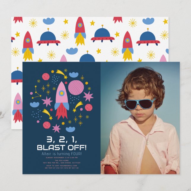 Blast Off! Outer Space Rocket Boy Birthday Photo Invitation (Front/Back)