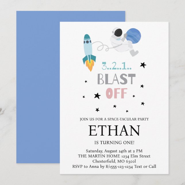 Blast Off! Outer Space Rocket Ship Birthday Invitation (Front/Back)
