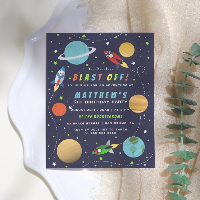 Blast Off! Outer Space Rocket Ship Birthday Party Invitation Postcard (Creator Uploaded)