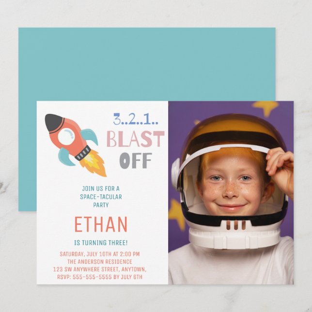 Blast Off! Outer Space Rocket Ship Birthday Photo Invitation (Front/Back)
