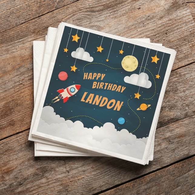 Blast Off Personalized Space Theme Birthday Party Napkin (Creator Uploaded)